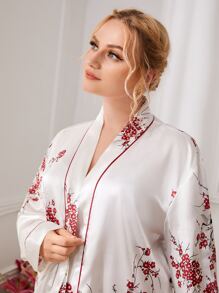 Bata con cinturón de satén con estampado floral ribete en contraste con pantalones - Blanco - Ver 5