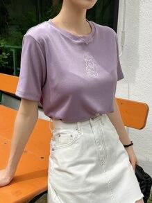 DAZY 小熊刺繡羅紋針織T恤 - 紫色 - 查看 3