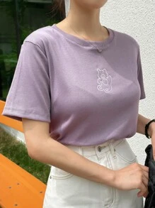 DAZY 小熊刺繡羅紋針織T恤 - 紫色 - 查看 4