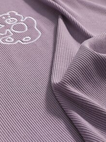 DAZY 小熊刺繡羅紋針織T恤 - 紫色 - 查看 7