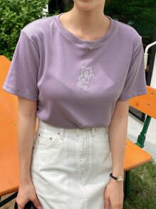 DAZY 小熊刺繡羅紋針織T恤 - 紫色 - 查看 8