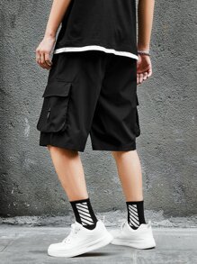 Manfinity Homme Men's Loose Flap Pocket Drawstring Shorts Cargo Holographic Plain Street Wear - Black - View 2