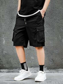 Manfinity Homme Men's Loose Flap Pocket Drawstring Shorts Cargo Holographic Plain Street Wear - Black - View 3
