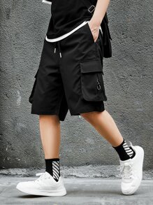 Manfinity Homme Men's Loose Flap Pocket Drawstring Shorts Cargo Holographic Plain Street Wear - Black - View 5