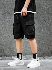 Manfinity Homme Men's Loose Flap Pocket Drawstring Shorts Cargo Holographic Plain Street Wear - Black - View 6