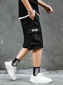 Manfinity Homme Men's Loose Flap Pocket Drawstring Shorts Cargo Holographic Plain Street Wear - Black - View 8