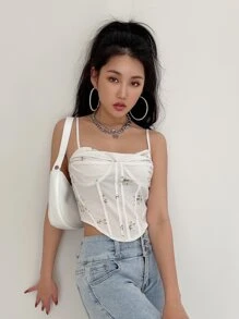 DAZY Áo hai dây Bất đối xứng Hoa Giải trí - Màu be - Xem 4