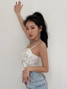 DAZY Áo hai dây Bất đối xứng Hoa Giải trí - Màu be - Xem 7