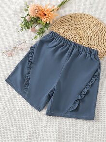 Girls Frill Trim Shorts - Dusty Blue - View 1