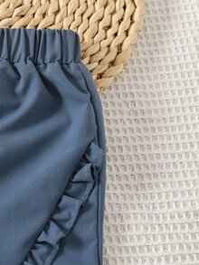 Girls Frill Trim Shorts - Dusty Blue - View 4