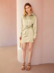 BizChic Drop Shoulder Twist Front Split Hem Satin Shirt Dress - Khaki - View 3