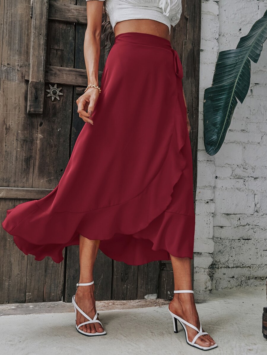 SHEIN LUNE Solid Wrap Hem Tie Side Skirt - Burgundy - View 1