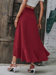 SHEIN LUNE Solid Wrap Hem Tie Side Skirt - Burgundy - View 2