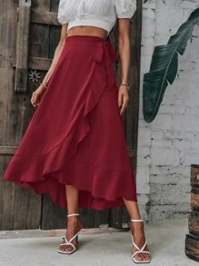 SHEIN LUNE Solid Wrap Hem Tie Side Skirt - Burgundy - View 3