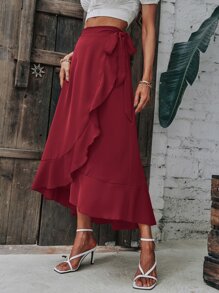 SHEIN LUNE Solid Wrap Hem Tie Side Skirt - Burgundy - View 4