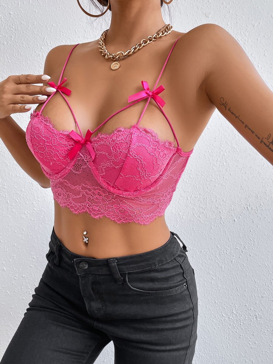 SHEIN SXY 前蝴蝶結睫毛蕾絲緊身吊帶 - 玫紅色 - 查看 1
