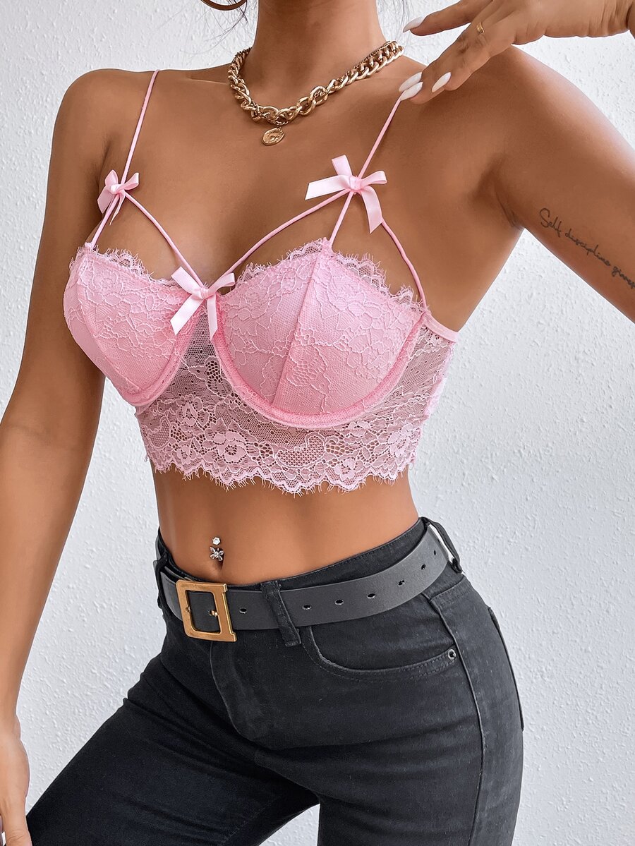 SHEIN SXY 前蝴蝶結睫毛蕾絲緊身吊帶 - 淺粉色 - 查看 1