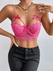 SHEIN SXY 前蝴蝶結睫毛蕾絲緊身吊帶 - 玫紅色 - 查看 4