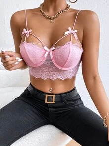 SHEIN SXY 前蝴蝶結睫毛蕾絲緊身吊帶 - 淺粉色 - 查看 4