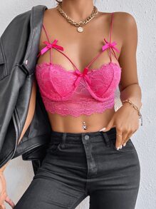 SHEIN SXY 前蝴蝶結睫毛蕾絲緊身吊帶 - 玫紅色 - 查看 6