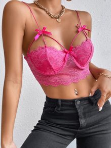 SHEIN SXY 前蝴蝶結睫毛蕾絲緊身吊帶 - 玫紅色 - 查看 7