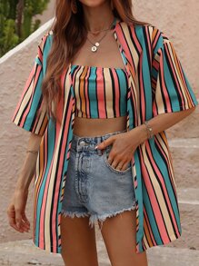 SHEIN Unity 彩色條紋抹胸上衣和落肩袖開門襟襯衫 - 彩色 - 查看 1