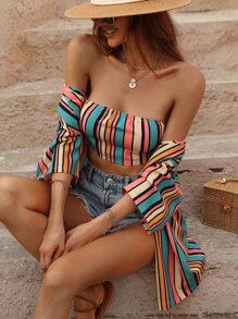 SHEIN Unity 彩色條紋抹胸上衣和落肩袖開門襟襯衫 - 彩色 - 查看 5