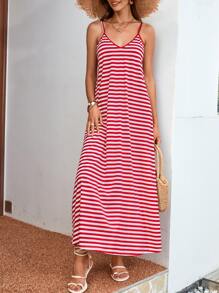 SHEIN VCAY Striped Print Cami Dress - Red and White - View 3