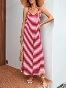 SHEIN VCAY Striped Print Cami Dress - Red and White - View 4