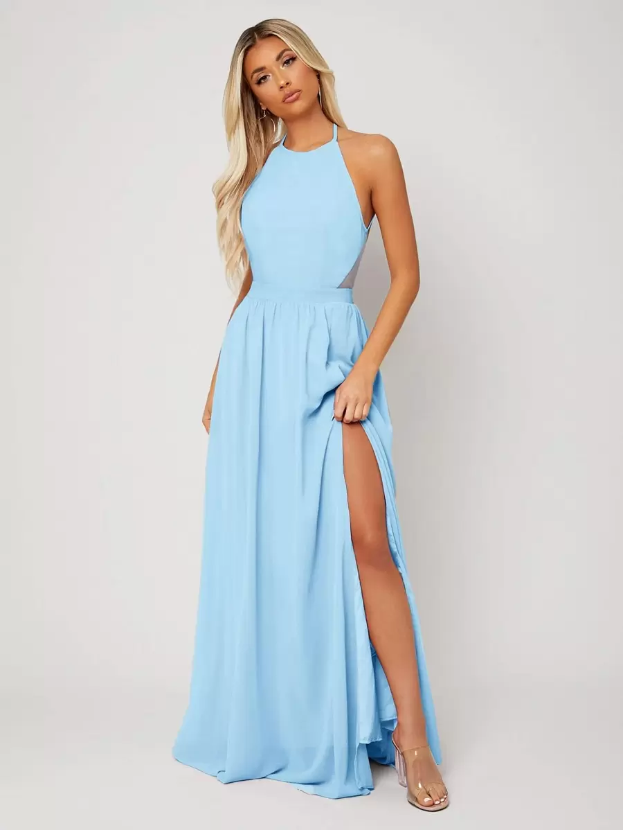 SHEIN Belle Backless Halter Neck Slit Thigh Prom Dress Elegant Bridesmaid Dress - Baby Blue - View 1