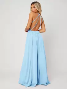 SHEIN Belle Backless Halter Neck Slit Thigh Prom Dress Elegant Bridesmaid Dress - Baby Blue - View 2