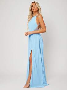 SHEIN Belle Backless Halter Neck Slit Thigh Prom Dress Elegant Bridesmaid Dress - Baby Blue - View 3