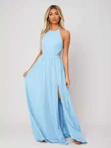 SHEIN Belle Backless Halter Neck Slit Thigh Prom Dress Elegant Bridesmaid Dress - Baby Blue - View 6