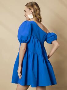 SHEIN Privé 不對稱領泡泡袖荷葉邊娃娃裙 - 寶藍色 - 查看 2