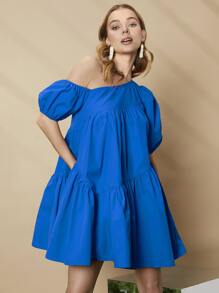 SHEIN Privé 不對稱領泡泡袖荷葉邊娃娃裙 - 寶藍色 - 查看 5