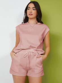 SHEIN Essnce Solid Top & Track Shorts Set - Dusty Pink - View 1