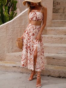 Top de tirantes corto con estampado tropical con letra con cremallera trasera con Falda con abertura