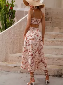 Top de tirantes corto con estampado tropical con letra con cremallera trasera con Falda con abertura