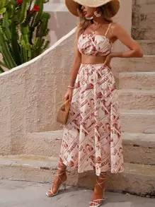 Top de tirantes corto con estampado tropical con letra con cremallera trasera con Falda con abertura