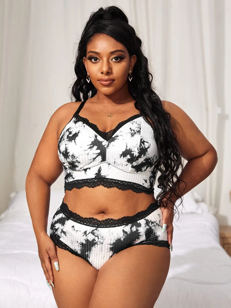 Bộ đồ lót trang trí viền ren Plus Tie Dye - Đen và trắng - Xem 1