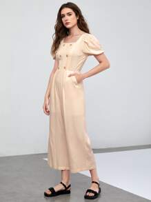 Mulvari Double Button Shirred Back Puff Sleeve Jumpsuit - Apricot - View 1
