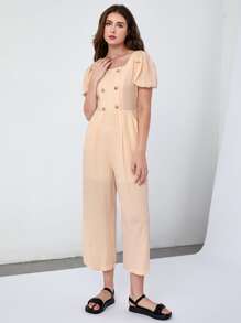 Mulvari Double Button Shirred Back Puff Sleeve Jumpsuit - Apricot - View 3