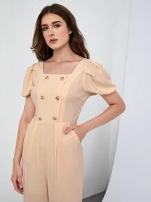 Mulvari Double Button Shirred Back Puff Sleeve Jumpsuit - Apricot - View 4