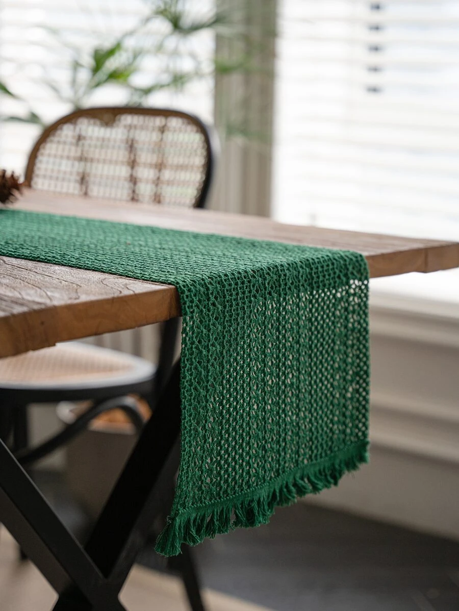 1pc Fabric Table Runner, Minimalist Green Hollow Out Fringe Trim Kitchen Table Runner For Dining Table - Green - View 1