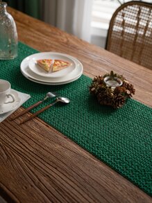 1pc Fabric Table Runner, Minimalist Green Hollow Out Fringe Trim Kitchen Table Runner For Dining Table - Green - View 4