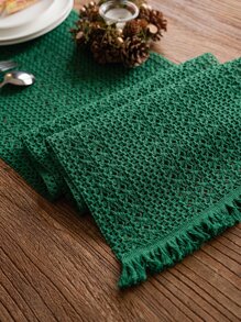1pc Fabric Table Runner, Minimalist Green Hollow Out Fringe Trim Kitchen Table Runner For Dining Table - Green - View 3