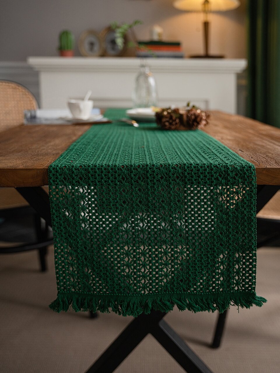 1pc Fabric Table Runner, Minimalist Green Hollow Out Fringe Trim Kitchen Table Runner For Dining Table