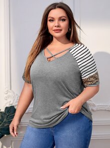 SHEIN LUNE Plus Stripe & Leopard Print Criss Cross Raglan Sleeve Tee - Grey - View 1