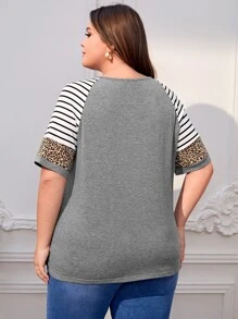 SHEIN LUNE Plus Stripe & Leopard Print Criss Cross Raglan Sleeve Tee - Grey - View 2