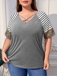 SHEIN LUNE Plus Stripe & Leopard Print Criss Cross Raglan Sleeve Tee - Grey - View 3